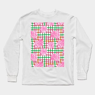 Roses on Plaid Pattern - Green, Pink Long Sleeve T-Shirt